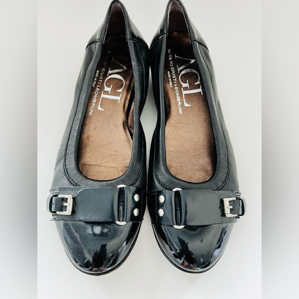 AGL Patent Cap Toe Black Leather Buckle Flats